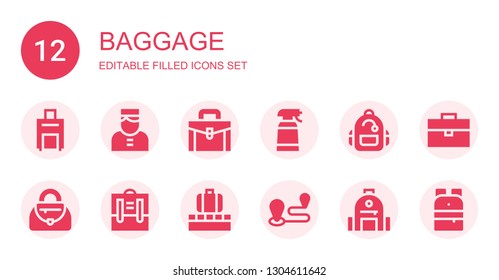 baggage icon set. Collection of 12 filled baggage icons included Luggage, Bellboy, Briefcase, Desinfectant, Backpack, Handbag, Travel