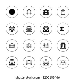 Baggage icon set. collection of 16 outline baggage icons with backpack, baggage, briefcase, case, flight information, luggage, suitcase icons.