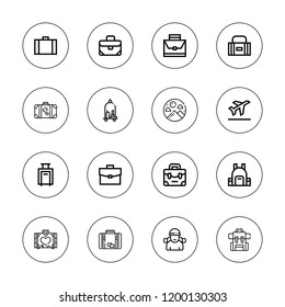 Baggage icon set. collection of 16 outline baggage icons with backpack, briefcase, luggage, sport bag, suitcase, travel icons.