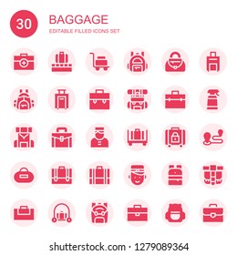 baggage icon set. Collection of 30 filled baggage icons included Briefcase, Luggage, Backpack, Handbag, Bellboy, Baggage, Purse, Desinfectant, Travel, Belt pouch, Gym bag