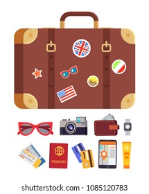 Baggage and icons collection of sun glasses, camera device wallet with money, mobile phone showing map, tickets credit cards, vector illustration