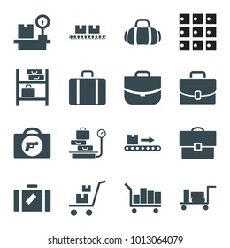 Baggage icons. set of 16 editable filled baggage icons such as luggage, briefcase with weapon, case, luggage scan, lugagge weight