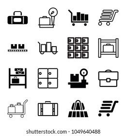 Baggage icons. set of 16 editable filled and outline baggage icons such as luggage belt, lugagge weight, luggage cart, suitcase, case