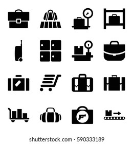 baggage icons set. Set of 16 baggage filled icons such as luggage, luggage belt, briefcase with weapon, lugagge weight, case, sport bag