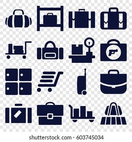 Baggage icons set. set of 16 baggage filled icons such as luggage, luggage belt, briefcase with weapon, case, lugagge weight, sport bag
