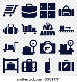 Baggage icons set. set of 16 baggage filled icons such as luggage, luggage belt, briefcase with weapon, lugagge weight, case, sport bag