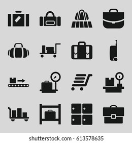 Baggage icons set. set of 16 baggage filled icons such as luggage, luggage belt, lugagge weight, case, sport bag