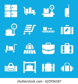 Baggage icons set. set of 16 baggage filled icons such as luggage, luggage belt, lugagge weight, case, sport bag