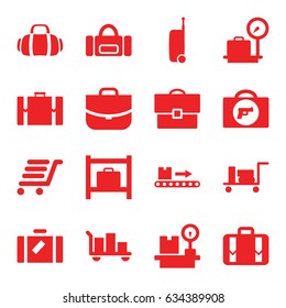 Baggage icons set. set of 16 baggage filled icons such as luggage, briefcase with weapon, luggage storage, lugagge weight, case, sport bag