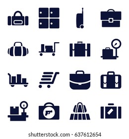 Baggage icons set. set of 16 baggage filled icons such as luggage, luggage belt, briefcase with weapon, lugagge weight, case, sport bag