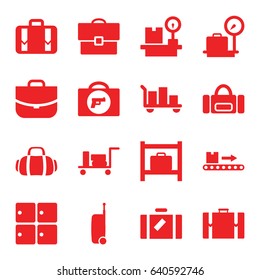 Baggage icons set. set of 16 baggage filled icons such as luggage, briefcase with weapon, luggage storage, lugagge weight, case, luggage scan, sport bag