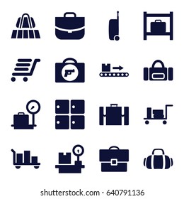Baggage icons set. set of 16 baggage filled icons such as luggage belt, luggage, briefcase with weapon, lugagge weight, case, sport bag