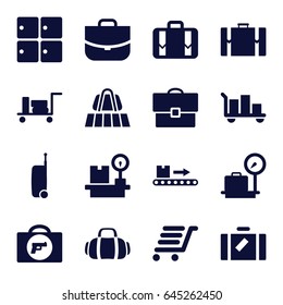 Baggage icons set. set of 16 baggage filled icons such as luggage, luggage belt, briefcase with weapon, lugagge weight, case, sport bag