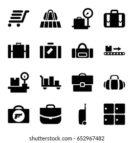 Baggage icons set. set of 16 baggage filled icons such as luggage, luggage belt, briefcase with weapon, lugagge weight, case, sport bag