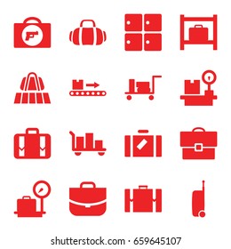 Baggage icons set. set of 16 baggage filled icons such as luggage, luggage belt, briefcase with weapon, lugagge weight, case, sport bag