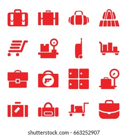 Baggage icons set. set of 16 baggage filled icons such as luggage, luggage belt, briefcase with weapon, lugagge weight, case, sport bag