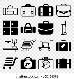 Baggage icons set. set of 16 baggage filled and outline icons such as luggage, briefcase with weapon, luggage storage, case, luggage cart, suitcase, lugagge weight