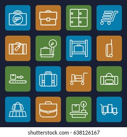 Baggage icons set. set of 16 baggage outline icons such as luggage, luggage belt, briefcase with weapon, lugagge weight, case, suitcase