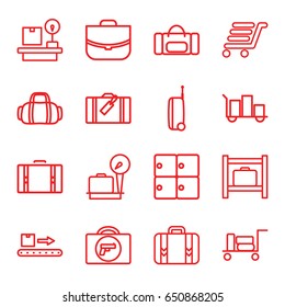 Baggage icons set. set of 16 baggage outline icons such as luggage, briefcase with weapon, luggage storage, lugagge weight, case, suitcase