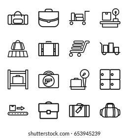 Baggage icons set. set of 16 baggage outline icons such as luggage, luggage belt, briefcase with weapon, lugagge weight, case, suitcase
