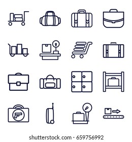 Baggage icons set. set of 16 baggage outline icons such as luggage, briefcase with weapon, luggage storage, lugagge weight, case, suitcase