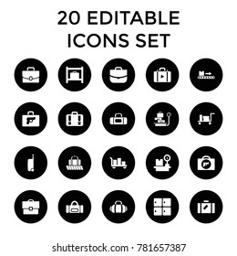 Baggage icons. set of 20 editable filled baggage icons such as luggage, briefcase with weapon, luggage storage, case, sport bag. best quality baggage elements in trendy style.