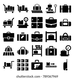 Baggage icons. set of 25 editable filled baggage icons such as luggage, luggage belt, lugagge weight, case, sport bag, suitcase