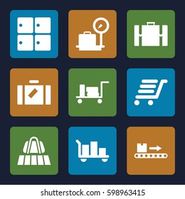 baggage icons set. Set of 9 baggage filled icons such as luggage, luggage belt, lugagge weight
