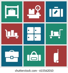 Baggage icons set. set of 9 baggage filled icons such as luggage, luggage storage, lugagge weight, suitcase, case
