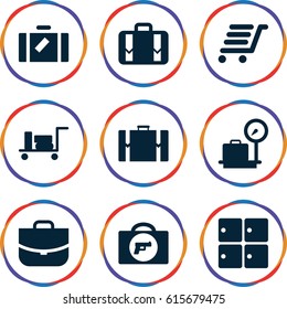 Baggage icons set. set of 9 baggage filled icons such as luggage, briefcase with weapon, lugagge weight, luggage storage, case, luggage cart