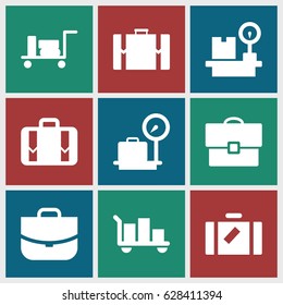 Baggage icons set. set of 9 baggage filled icons such as luggage, lugagge weight, case