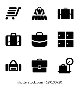 Baggage icons set. set of 9 baggage filled icons such as luggage belt, lugagge weight, luggage storage, case, suitcase
