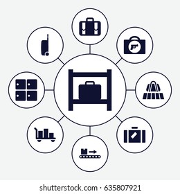 Baggage icons set. set of 9 baggage filled icons such as luggage, luggage belt, briefcase with weapon