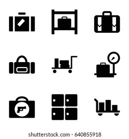 Baggage icons set. set of 9 baggage filled icons such as luggage, briefcase with weapon, luggage storage, lugagge weight