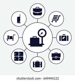 Baggage icons set. set of 9 baggage filled icons such as luggage, lugagge weight, luggage storage, case, luggage cart