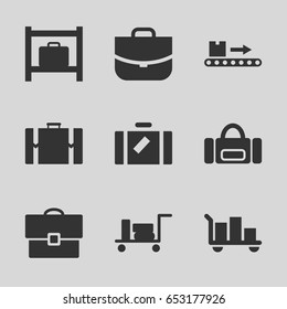 Baggage icons set. set of 9 baggage filled icons such as luggage, luggage storage, case, luggage scan, suitcase