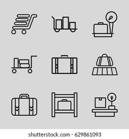 Baggage icons set. set of 9 baggage outline icons such as luggage belt, luggage, lugagge weight