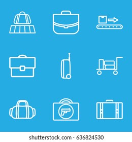 Baggage icons set. set of 9 baggage outline icons such as luggage belt, luggage, briefcase with weapon, case, luggage scan, suitcase