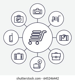 Baggage icons set. set of 9 baggage outline icons such as luggage, briefcase with weapon, lugagge weight, luggage cart, suitcase, case