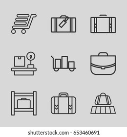 Baggage icons set. set of 9 baggage outline icons such as luggage, luggage belt, case, lugagge weight