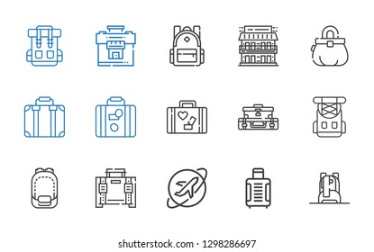 baggage icons set. Collection of baggage with backpack, suitcase, travel, briefcase, rucksack, luggage, purse, motel. Editable and scalable baggage icons.