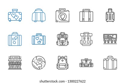 baggage icons set. Collection of baggage with suitcase, backpack, travel, motel, airport, luggage, briefcase. Editable and scalable baggage icons.