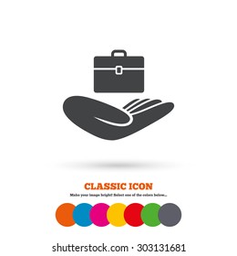 Baggage insurance sign icon. Hand holds travel luggage. Protection from loss of baggage. Classic flat icon. Colored circles. Vector