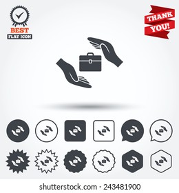 Baggage insurance sign icon. Travel luggage symbol. Travel insurance. Circle, star, speech bubble and square buttons. Award medal with check mark. Thank you ribbon. Vector