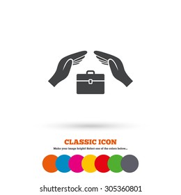 Baggage insurance sign icon. Travel luggage symbol. Travel insurance. Classic flat icon. Colored circles. Vector