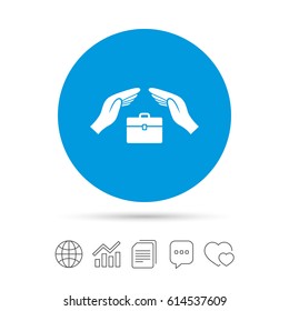 Baggage insurance sign icon. Travel luggage symbol. Travel insurance. Copy files, chat speech bubble and chart web icons. Vector