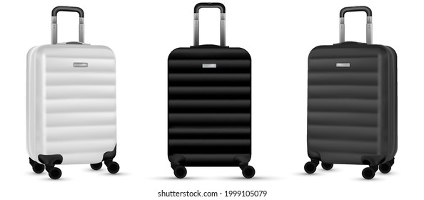 Baggage isolated. Set of silver travel plastic suitcase or vacation bag on white background. Summer vacation and product advertisement concept.