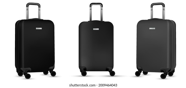 Baggage isolated. Set of silver travel plastic suitcase or vacation bag on white background. Summer vacation and product advertisement concept.