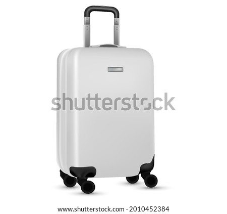 Baggage isolated. Set of white travel plastic suitcase or vacation bag on white background. Summer vacation and product advertisement concept.