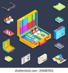 Baggage items accessories summer travel vacation trip 3d isometric vector illustration